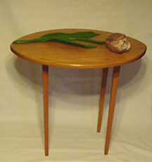 Tulip Table with carved oak leaves and Alabaster bud.  Tabletop: 34" x 28".  Floor to Tabletop: 31".  $1,995